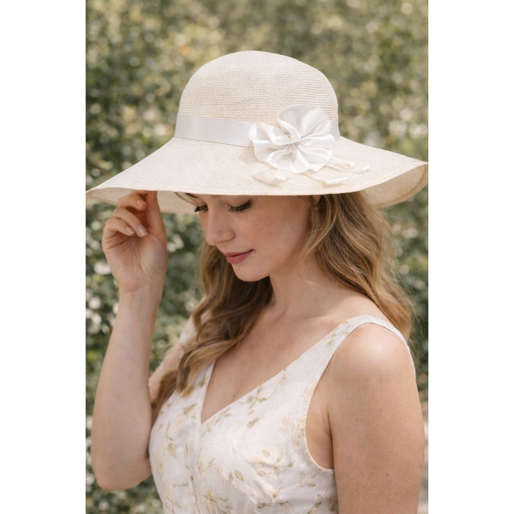 Vintage Italian Straw Wide Brim Hat Nordstrom White Derby Church‎ Bridal